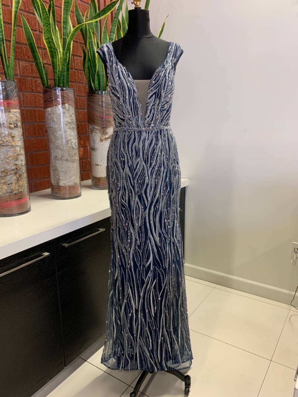 Catwalk 50142 Navy Maxi Evening Dress with V-Neck